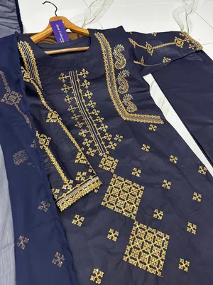 3 Pcs Women's Stitched Cotton Embroidered Suit thumbnail 5