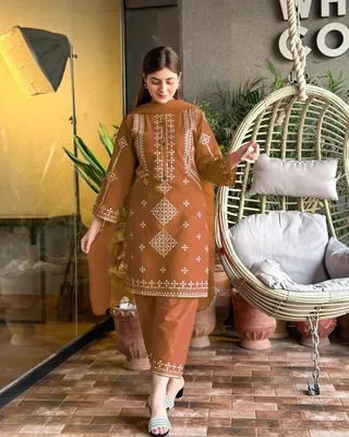 3 Pcs Women's Stitched Cotton Embroidered Suit thumbnail 2