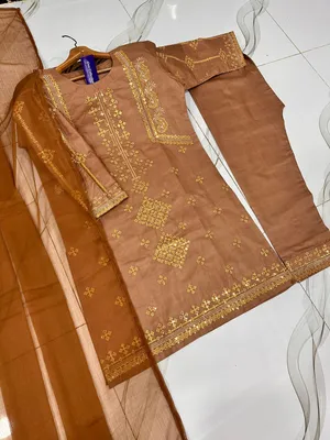 3 Pcs Women's Stitched Cotton Embroidered Suit thumbnail 4