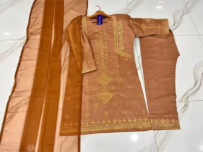3 Pcs Women's Stitched Cotton Embroidered Suit thumbnail 6