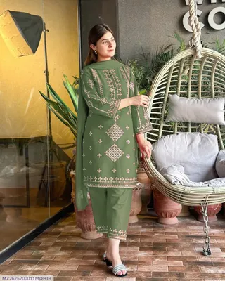 3 Pcs Women's Stitched Cotton Embroidered Suit