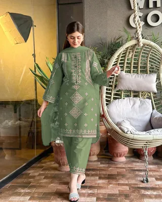 3 Pcs Women's Stitched Cotton Embroidered Suit thumbnail 2