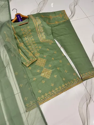 3 Pcs Women's Stitched Cotton Embroidered Suit thumbnail 4