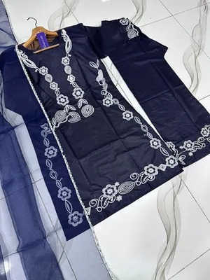 3 Pcs Women's Stitched Cotton Embroidered Suit thumbnail 3