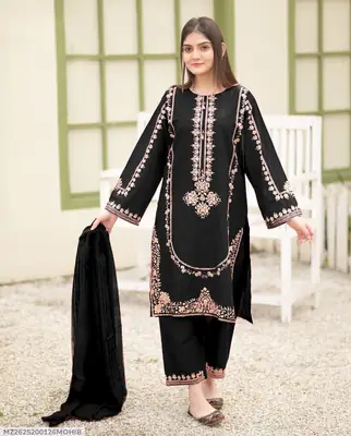 3 Pcs Women's Stitched Shamoz Silk Sequins Embroidered Suit