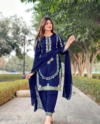 3 Pcs Women's Stitched Shamoz Silk Sequins Embroidered Suit thumbnail 3