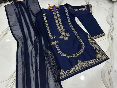 3 Pcs Women's Stitched Shamoz Silk Sequins Embroidered Suit thumbnail 4