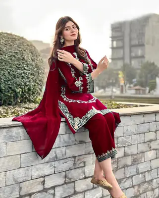 3 Pcs Women's Stitched Shamoz Silk Sequins Embroidered Suit thumbnail 3