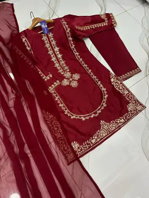 3 Pcs Women's Stitched Shamoz Silk Sequins Embroidered Suit thumbnail 5