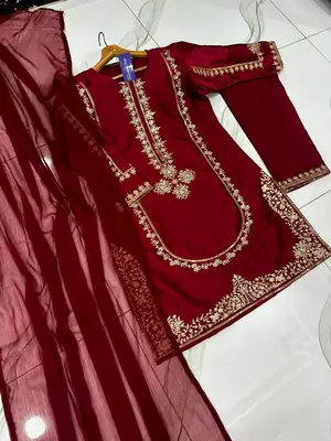 3 Pcs Women's Stitched Shamoz Silk Sequins Embroidered Suit thumbnail 6