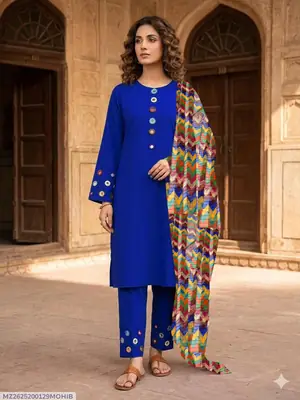3 Pcs Women's Stitched Cotton Sheesha Work Suit