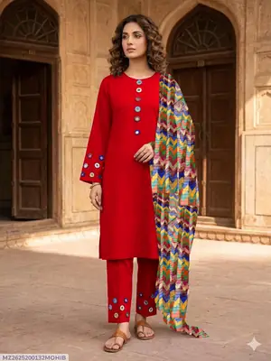 3 Pcs Women's Stitched Cotton Sheesha Work Suit