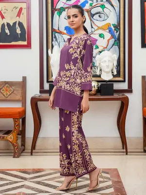 2 Pcs Women's Stitched Silk Printed Shirt And Trouser thumbnail 2