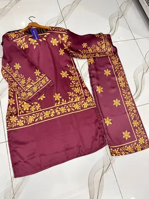 2 Pcs Women's Stitched Silk Printed Shirt And Trouser thumbnail 5