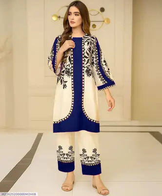 2 Pcs Women's Stitched Lawn Printed Shirt And Trouser