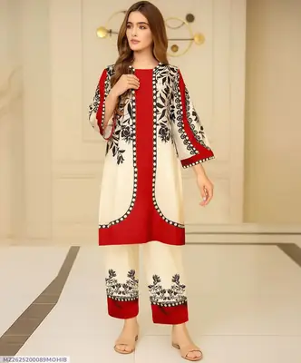 2 Pcs Women's Stitched Lawn Printed Shirt And Trouser