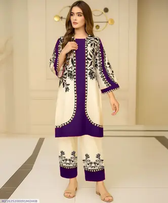 2 Pcs Women's Stitched Lawn Printed Shirt And Trouser