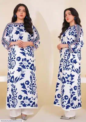 2 Pcs Women's Stitched Swiss Lawn Printed Shirt And Trouser