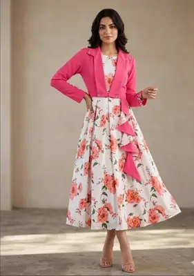 Stunning Pink Printed Maxi and Jacket Set - 2 Pcs
