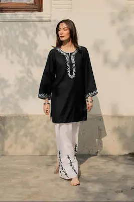 2 Pcs Women's Stitched Cotton Embroidered Shirt And Trouser