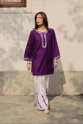 2 Pcs Women's Stitched Cotton Embroidered Shirt And Trouser