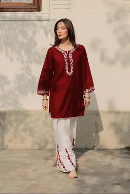 2 Pcs Women's Stitched Cotton Embroidered Shirt And Trouser