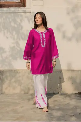 2 Pcs Women's Stitched Cotton Embroidered Shirt And Trouser