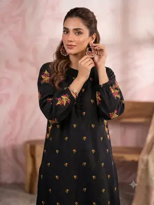 2 Pcs Women's Stitched Cotton Embroidered Shirt And Trouser