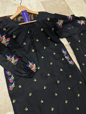 2 Pcs Women's Stitched Cotton Embroidered Shirt And Trouser thumbnail 2