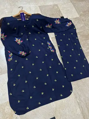 2 Pcs Women's Stitched Cotton Embroidered Shirt And Trouser thumbnail 2