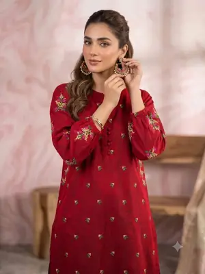 2 Pcs Women's Stitched Cotton Embroidered Shirt And Trouser