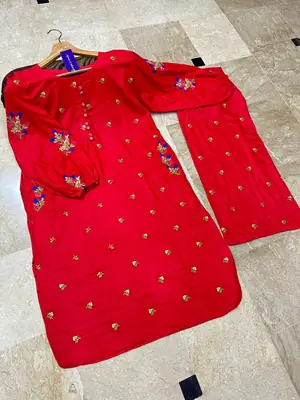 2 Pcs Women's Stitched Cotton Embroidered Shirt And Trouser thumbnail 2