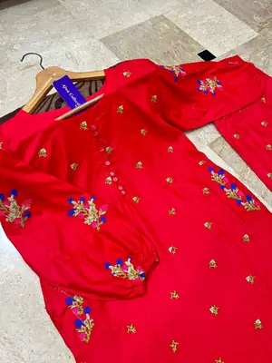 2 Pcs Women's Stitched Cotton Embroidered Shirt And Trouser thumbnail 3