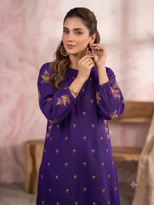 2 Pcs Women's Stitched Cotton Embroidered Shirt And Trouser