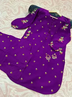 2 Pcs Women's Stitched Cotton Embroidered Shirt And Trouser thumbnail 2