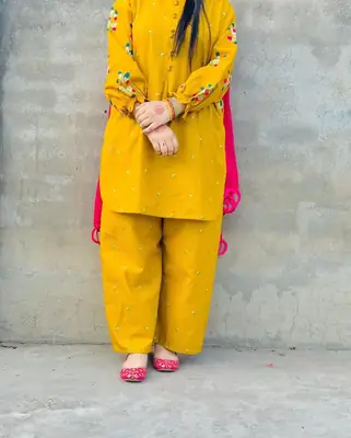 2 Pcs Women's Stitched Cotton Embroidered Shirt And Trouser