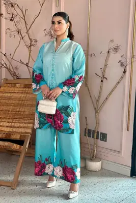 2 Pcs Women's Stitched Silk Printed Co-Ord Set