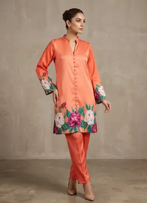 2 Pcs Women's Stitched Silk Printed Co-Ord Set