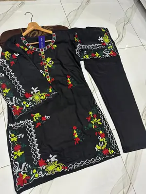2 Pcs Women's Stitched Linen Embroidered Shirt And Trouser thumbnail 2