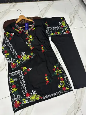 2 Pcs Women's Stitched Linen Embroidered Shirt And Trouser thumbnail 3