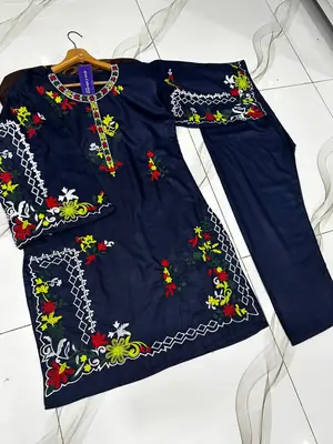 2 Pcs Women's Stitched Linen Embroidered Shirt And Trouser thumbnail 4
