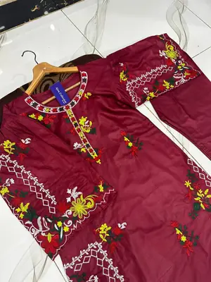 2 Pcs Women's Stitched Linen Embroidered Shirt And Trouser thumbnail 2