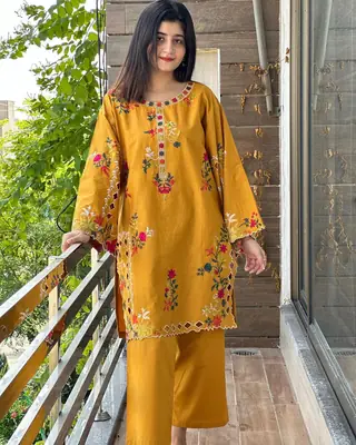 2 Pcs Women's Stitched Linen Embroidered Shirt And Trouser