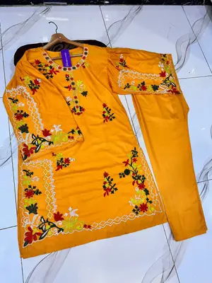 2 Pcs Women's Stitched Linen Embroidered Shirt And Trouser thumbnail 2