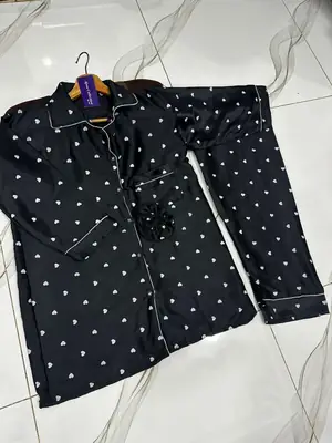 2 Pcs Women's Stitched Silk Printed Night Suit thumbnail 3