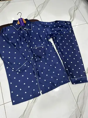 2 Pcs Women's Stitched Silk Printed Night Suit thumbnail 3