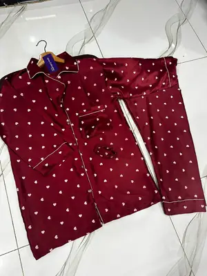 2 Pcs Women's Stitched Silk Printed Night Suit thumbnail 3