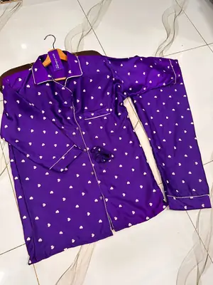 2 Pcs Women's Stitched Silk Printed Night Suit thumbnail 3