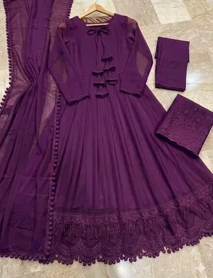 3 Pcs Women's Stitched Chiffon Plain Maxi Suit thumbnail 3