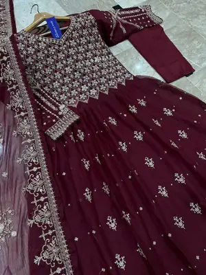 3 Pcs Women's Stitched Chiffon Embroidered Maxi Suit thumbnail 2